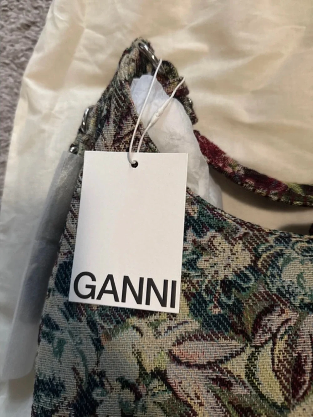 Ganni Multicolor Floral Tapestry Shoulder Bag in Burgundy, Green and Blue